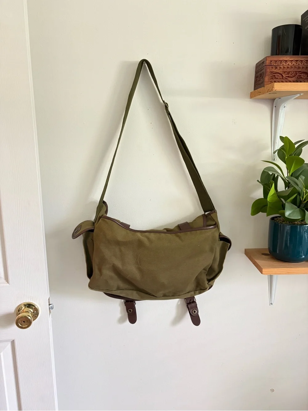 Disney Olive Green Canvas Messenger Bag with Brown Trim and Mickey
